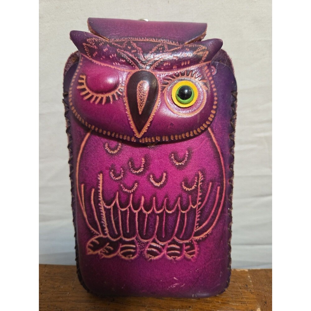 Winking Owl Hand Tooled Leather Wristlet Cellphone Crossbody Strap Capable